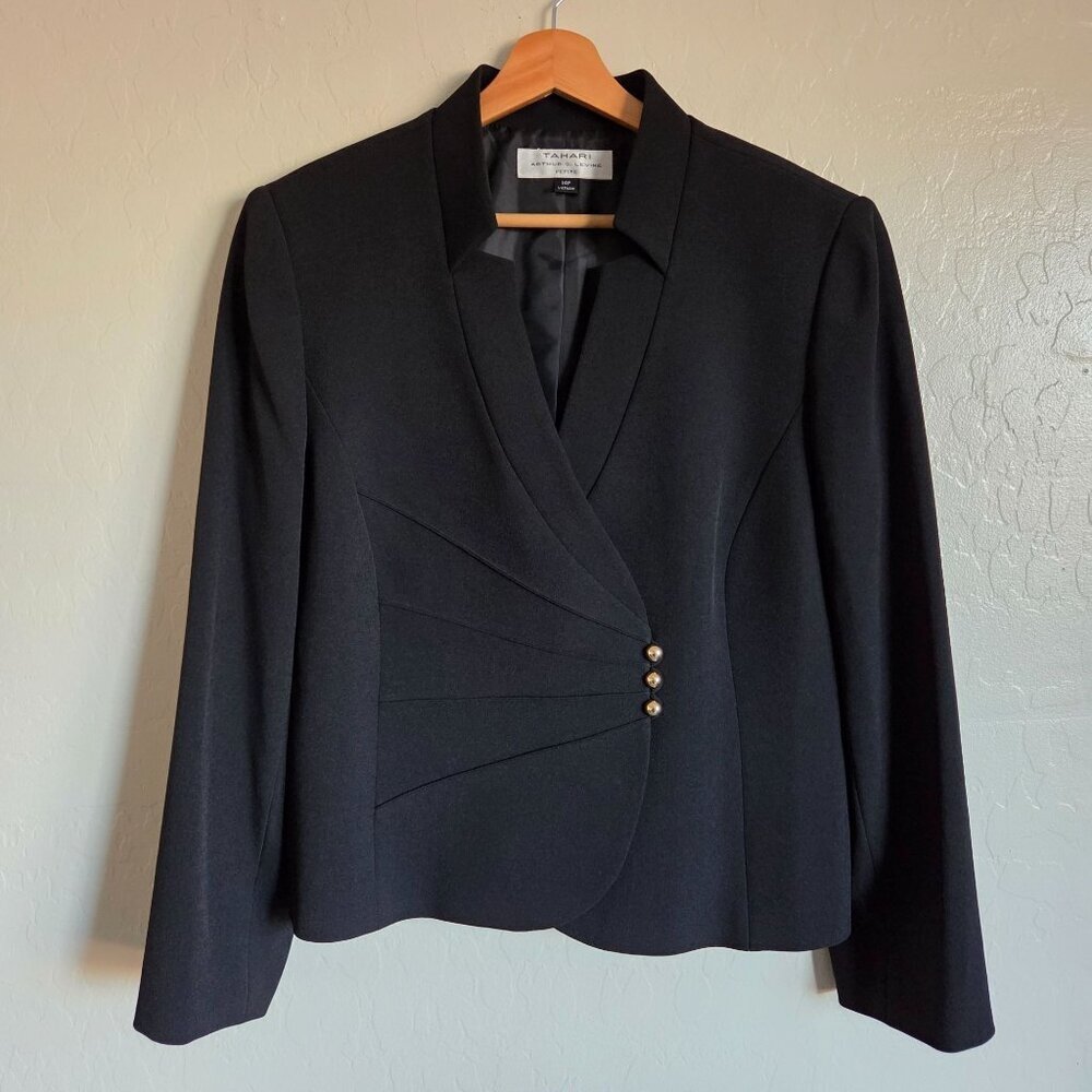 Tahari Mandarin Collar Gold Button Wrap Blazer Jacket Black Sz 14 Petite Career